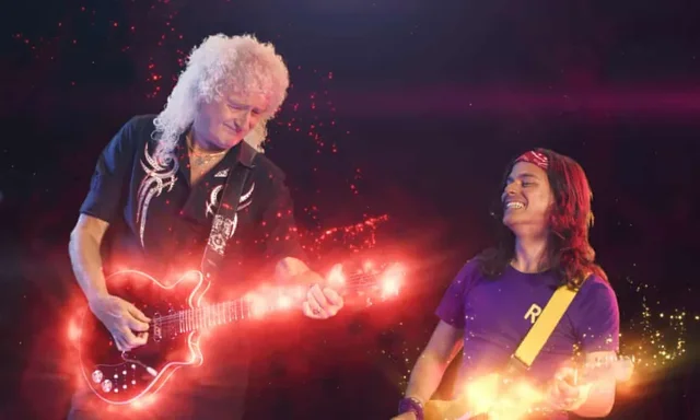 Left: Brian May in CBBC's Andy and the Band, Right: Marcelo Cervone, playing Rio in Andy and the Band