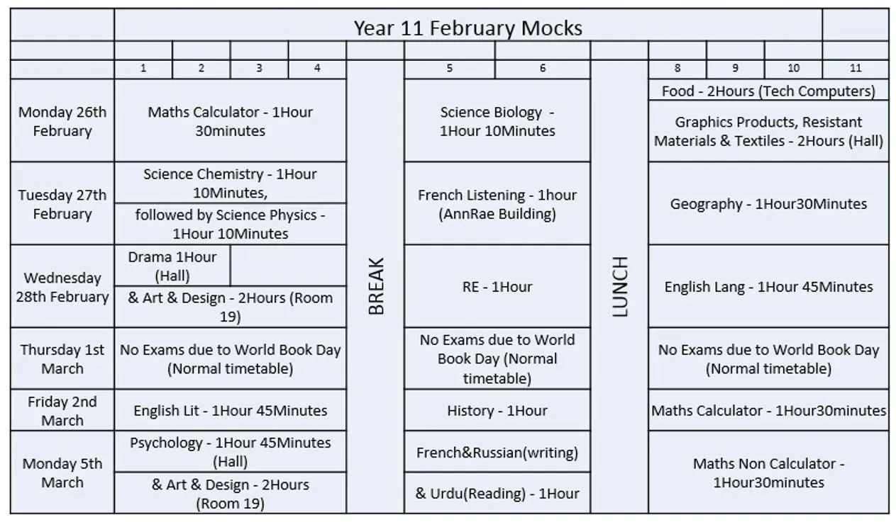 Year 11 Mock Timetable February 2018