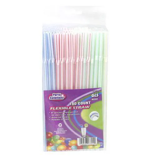 WHOLESALE 180 COUNT FLEXIBLE STRAW Assorted color flexible straws. Multicolored striped plastic straws are sanitary