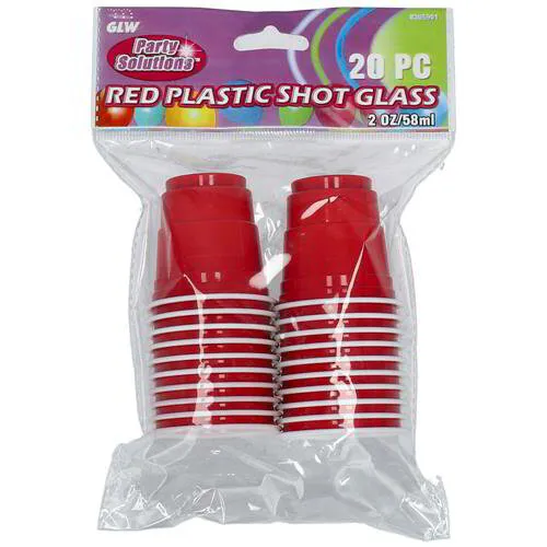 Wholesale - Disposable Cups - 12pc RED PLASTIC SHOT GLASSES - 2 oz shot glasses. - 12 pc. value pack. - Perfect for parties and sporting events.