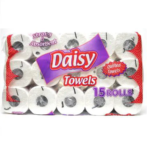 WHOLESALE DAISY 2-PLY PAPER TOWEL Made from premium 2-ply paper for strength and absorbency. Excellent quality and value. Each towel is quilted to soak up more liquid. 80 sheets per roll.