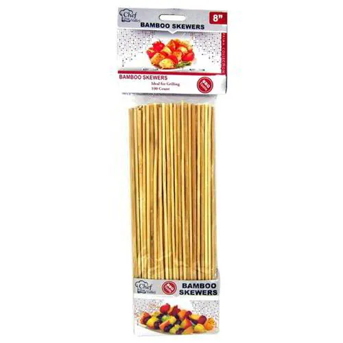 "WHOLESALE DISPOSABLE CUTLERY AND UTENSILS: 100 COUNT 8 INCH BAMBOO BBQ SKEWER. Great for backyard BBQ's and parties. Invite your friends and family over for food and fun. 100 bamboo skewers 8 inches in length. Ideal for: • Grilling • Appetizers • Fruit •