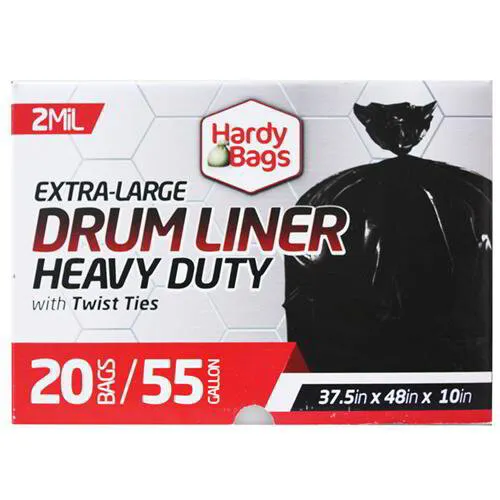 Drum Liners. Hardy Bags Extra-large Drum Liners. 55 gal. 20 ct. 2 Mil. Heavy Duty with Twist Ties. 37..5in x 48in x 10in.