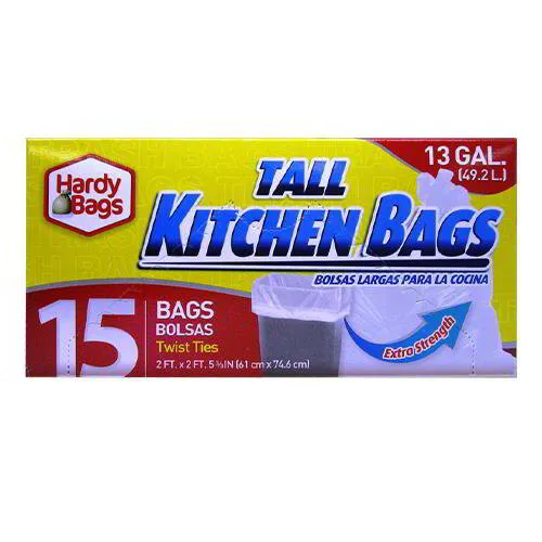 WHOLESALE TRASH/GARBAGE BAGS: 15 COUNT 13 GALLON EXTRA STRENGTH TALL KITCHEN BAGS. HARDY BAGS. 15 extra strength kitchen bags with twist ties. These 13 gallon tall kitchen bags measuring 24 inches x 29 inches are ideal for: • Every day kitchen scraps • Ba