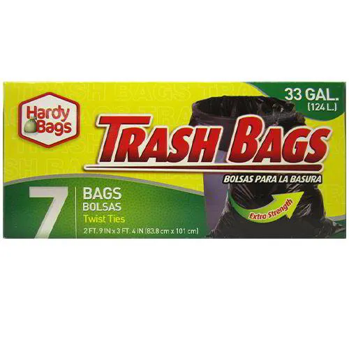 "WHOLESALE TRASH/GARBAGE BAGS: 7 COUNT 33 GALLON LARGE TRASH BAGS 33 X 40 INCHES. HARDY BAGS. Large 33 gallon trash bags ideal for every day household waste. 7 bags measuring 33'' x 40'' with twist ties. Great for: • Garages • Party clean-up • DIY project