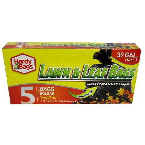 WHOLESALE TRASH AND MISCELLANEOUS BAGS: 5 COUNT 39 GALLON LAWN & LEAF TRASH BAGS 33 X 44 INCHES. Sturdy plastic lawn bags let you fill them without worrying about rips and tears, and make outdoor clean-up easier. 5 lawn bags with twist ties. 39 gallon yar