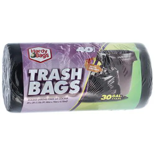The wholesale hardy bags trash bags contain 40 black bags. With extra strength these trash bags can hold up to 30 gallons. Fits up to 120 QT.