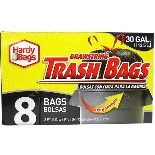 WHOLESALE TRASH/GARBAGE BAGS: 8 COUNT 30 GALLON DRAW STRING TRASH BAGS 29X39 INCHES. Ideal for every day household waste. Easy to close with drawstrings. Large 30 gallon bags can handle big jobs. Great for: • Workshops • Backyard • Garage • DIY projects •