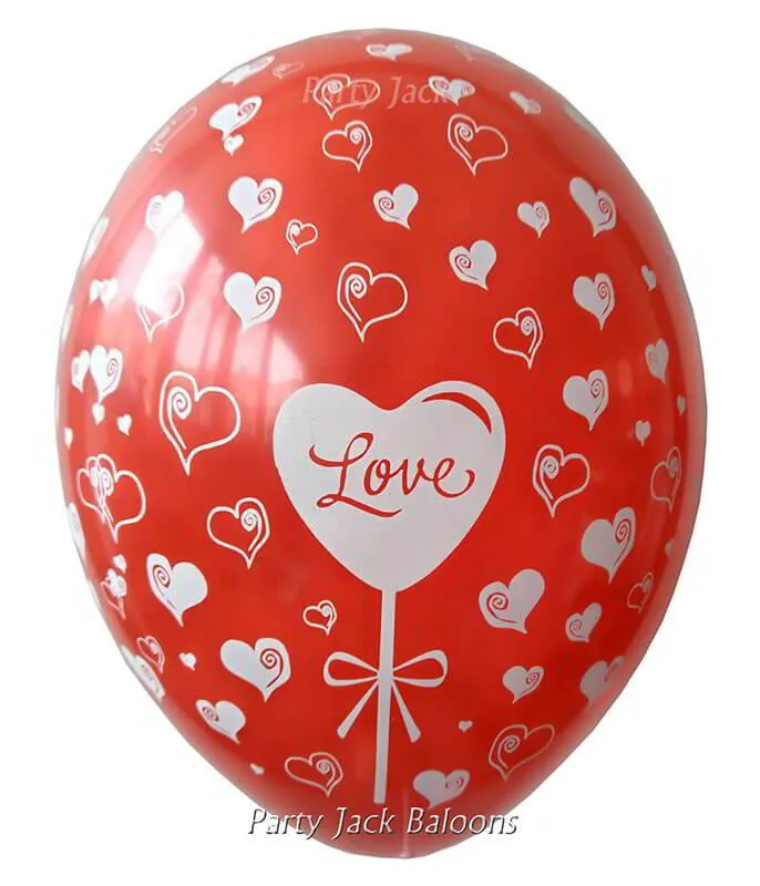 Червен балон с щампа сърчица с хелий - диаметър 30 см. 