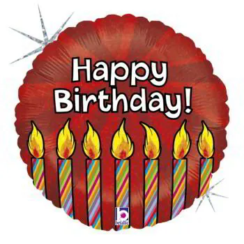 Кръгъл балон ” Happy Birthday “ червен със свещички надут с хелий размер: 18′ (45 см.) №86031
