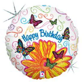 Кръгъл балон ” Happy Birthday “ пеперудки с хелий размер: 18′ (45 см.)