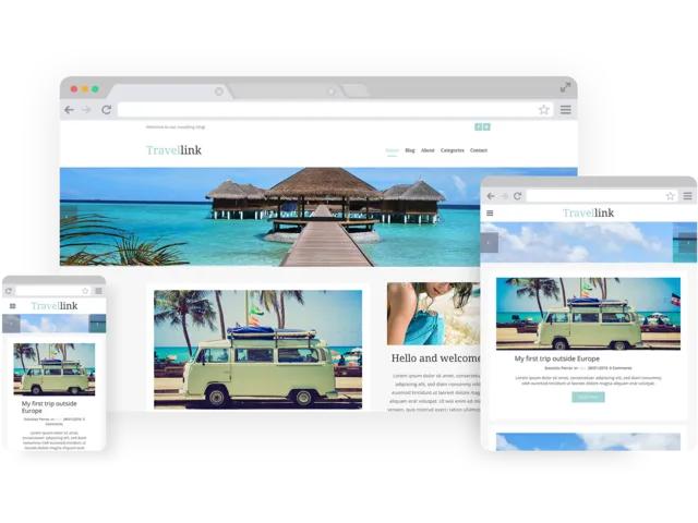 Travel Agency templates - template shown on Desktop, Tablet, and Mobile views.