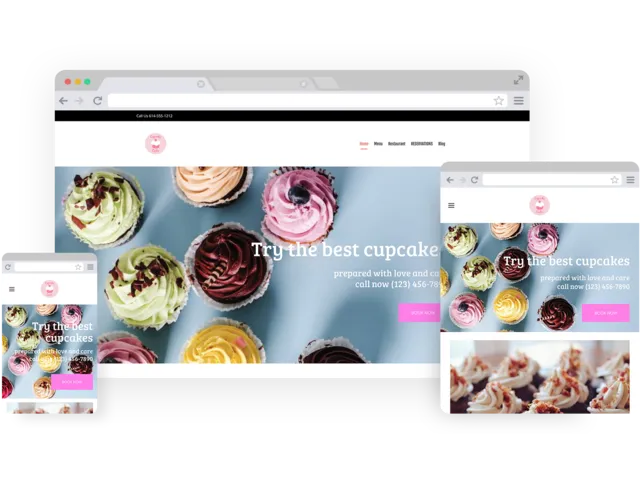 Cupcake bakery templates - template shown on Desktop, Tablet, and Mobile views.