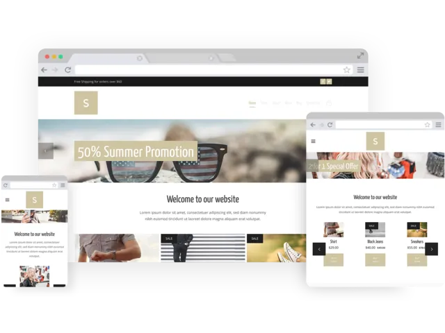Fashion templates - template shown on Desktop, Tablet, and Mobile views.