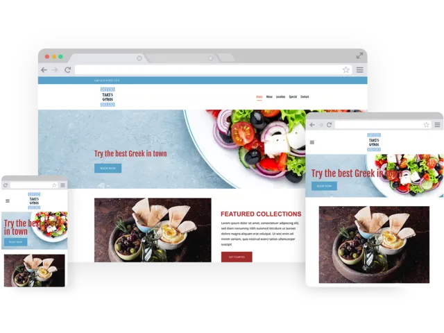 Greek restaurant templates - template shown on Desktop, Tablet, and Mobile views.
