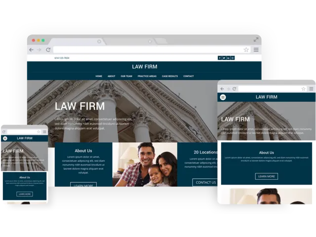 Law firm templates - template shown on Desktop, Tablet, and Mobile views.