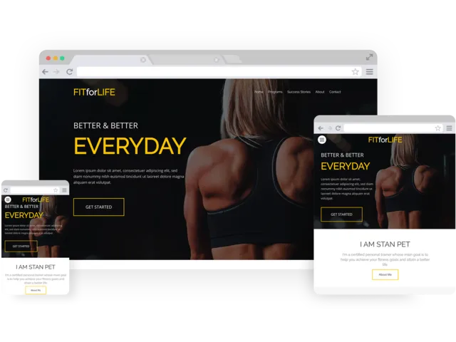 Personal trainer templates - template shown on Desktop, Tablet, and Mobile views.