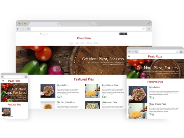 Pizza restaurant templates - template shown on Desktop, Tablet, and Mobile views.