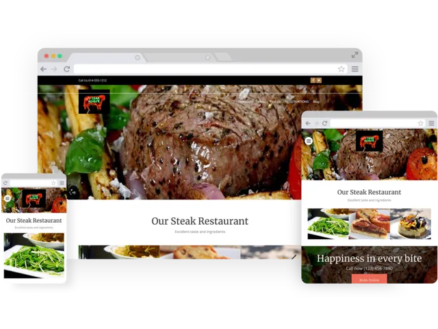 Steak house templates - template shown on Desktop, Tablet, and Mobile views.