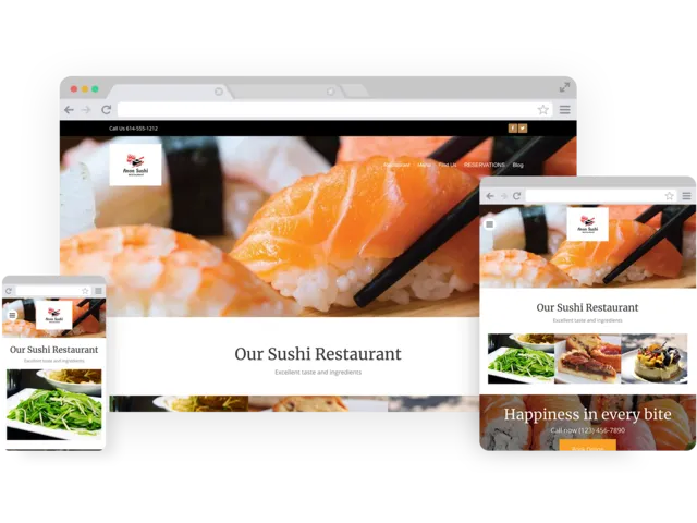 Sushi restaurant templates - template shown on Desktop, Tablet, and Mobile views.