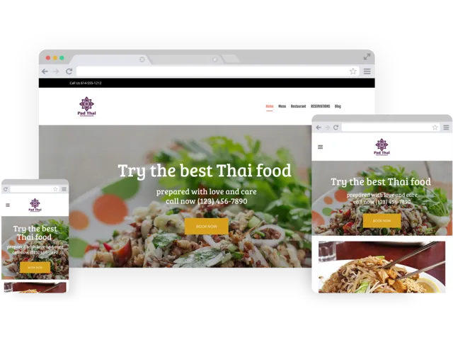 Thai restaurant templates - template shown on Desktop, Tablet, and Mobile views.