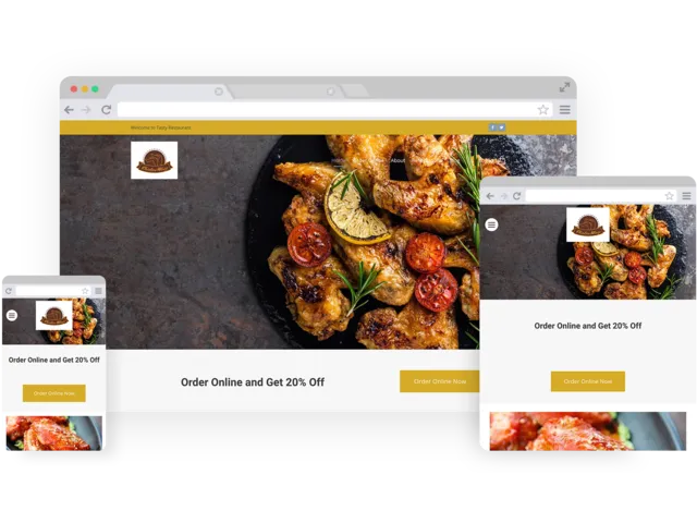 Wing restaurant templates - template shown on Desktop, Tablet, and Mobile views.