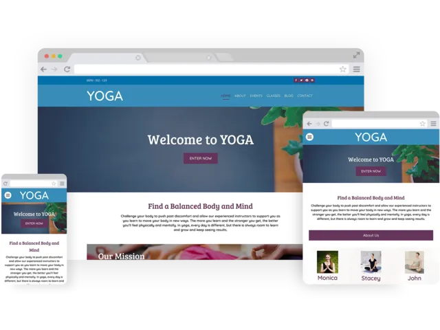 Yoga templates - template shown on Desktop, Tablet, and Mobile views.