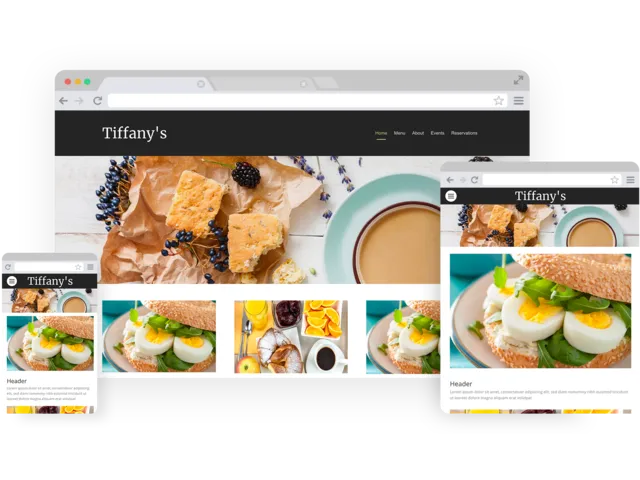 Breakfast restaurant templates - template shown on Desktop, Tablet, and Mobile views.