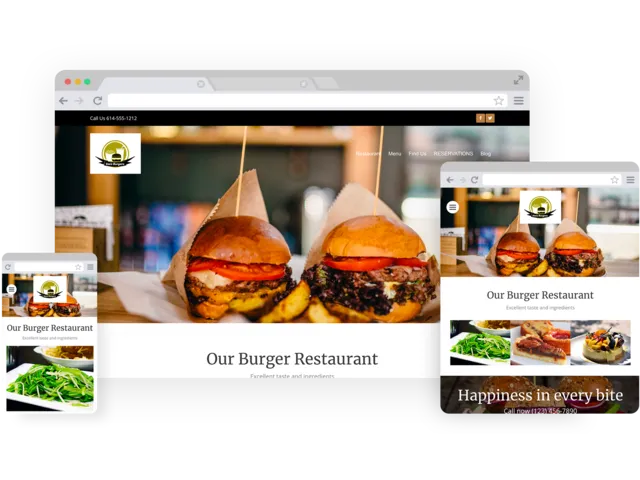 Burger restaurant templates - template shown on Desktop, Tablet, and Mobile views.