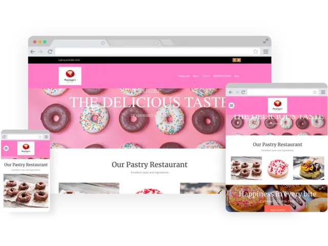 Donut bakery templates - template shown on Desktop, Tablet, and Mobile views.