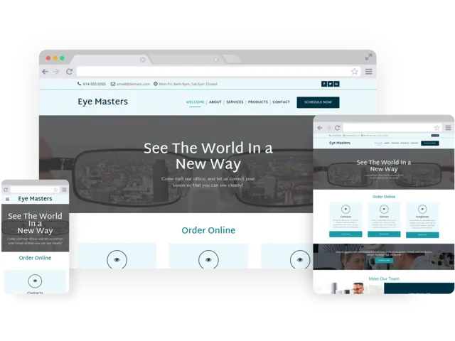 Eye care templates - template shown on Desktop, Tablet, and Mobile views.