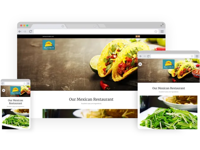 Mexican restaurant templates - template shown on Desktop, Tablet, and Mobile views.