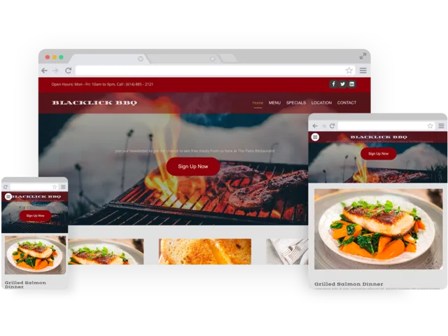 Restaurant templates - template shown on Desktop, Tablet, and Mobile views.