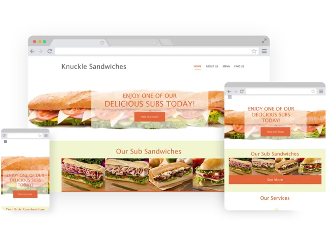 Sub restaurant templates - template shown on Desktop, Tablet, and Mobile views.