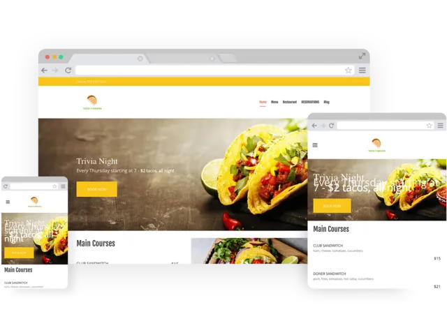 Taco restaurant templates - template shown on Desktop, Tablet, and Mobile views.
