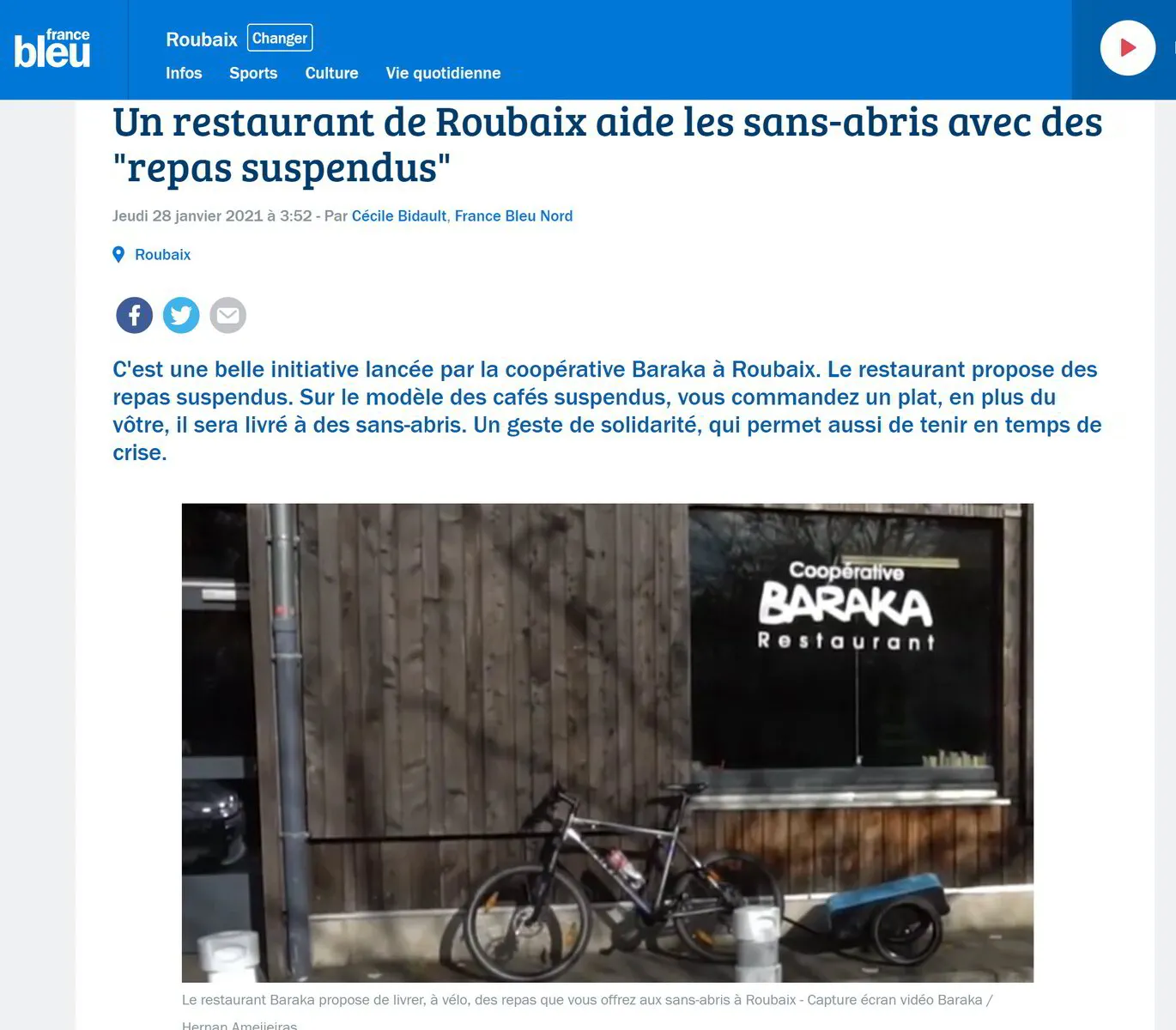 France-Bleu : Article Baraka Repas suspendus