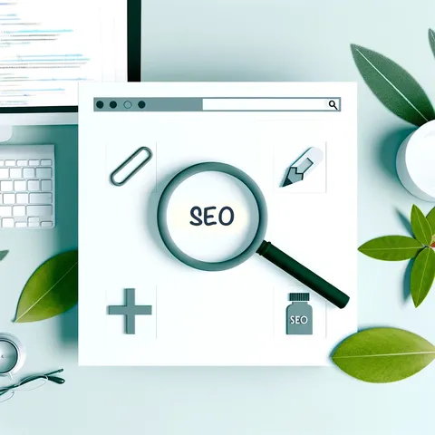 Illustration of SEO concept with magnifying glass over 'SEO' text, surrounded by digital marketing icons on a light background.