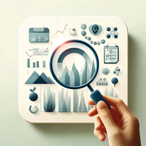 Hand holding a magnifying glass over a stylized infographic with charts and data icons on a square surface.