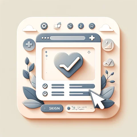 Stylized graphic of a web browser window with icons and a checkmark inside a heart, symbolizing user engagement and website optimization.