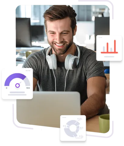 Smiling man with headphones using laptop, analytics graphics overlay, in an office setting.