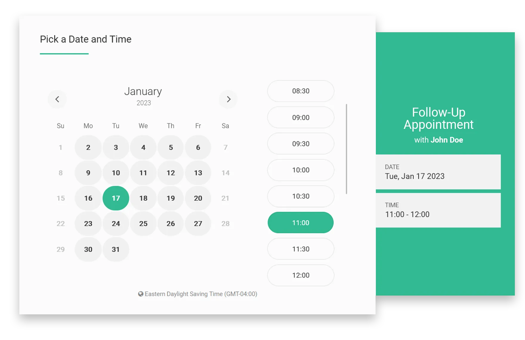 Online booking interface showing January calendar with highlighted date and time slots for scheduling a follow-up appointment.