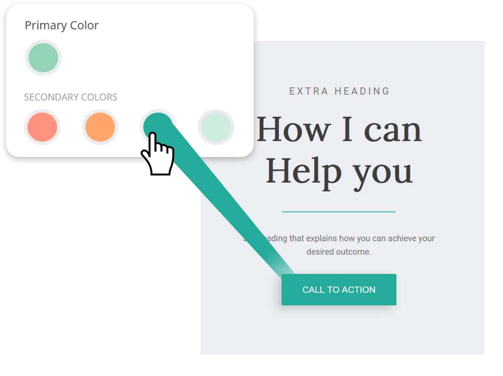 Cursor selecting a secondary color on a branding palette to match a website's How I Can Help You section for cohesive design.