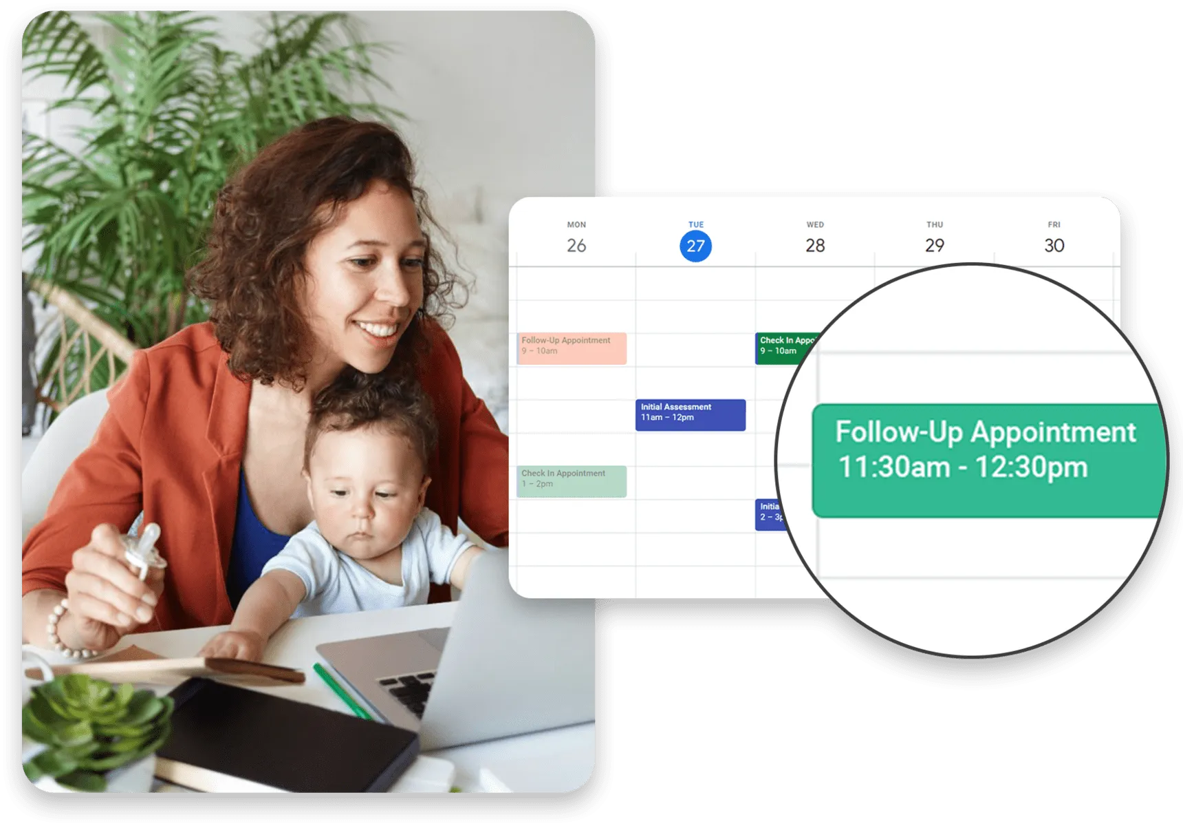 Smiling mother with baby on lap using laptop to view Google Calendar with a highlighted appointment.
