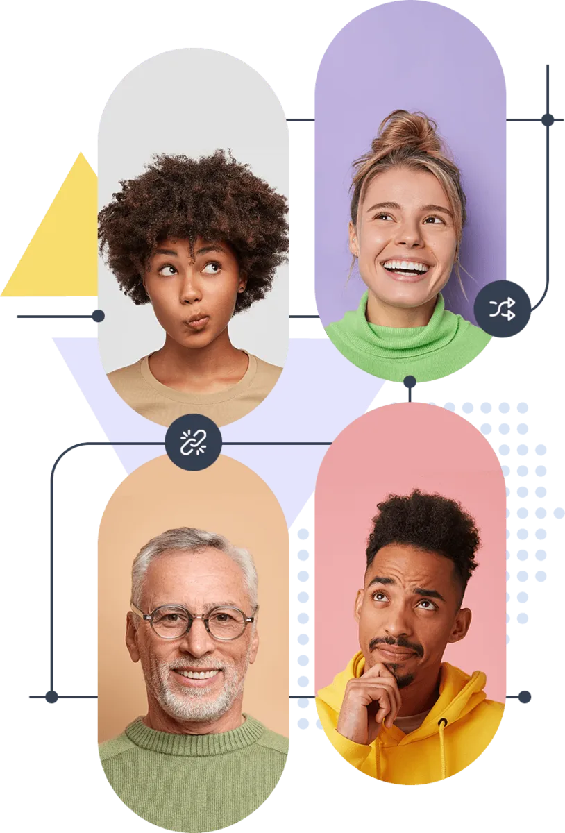 Four diverse people with various expressions on a colorful, abstract background.