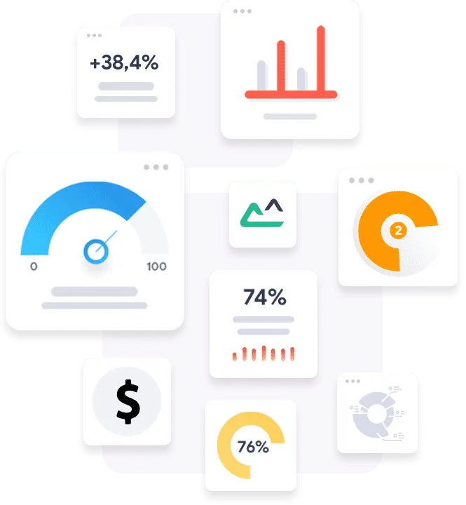 Collection of colorful website stats icons depicting analytics, growth, speedometer, financial symbol, and percentage charts.