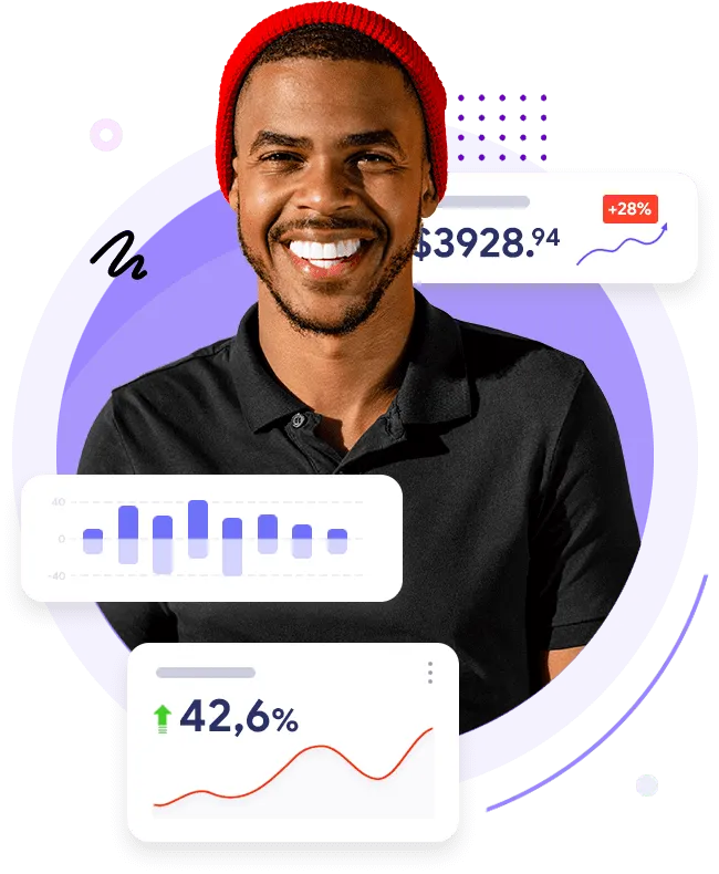 Man smiling with health website design stats and graphs displayed on screen.