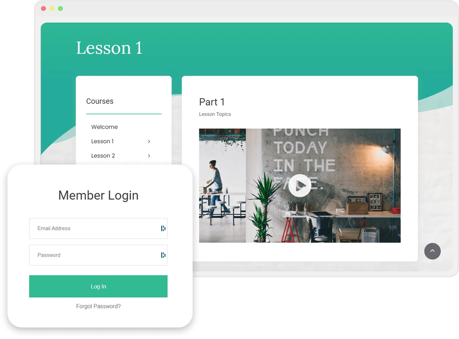 Online course interface showing Lesson 1 with a sidebar for member login and a video lecture thumbnail.