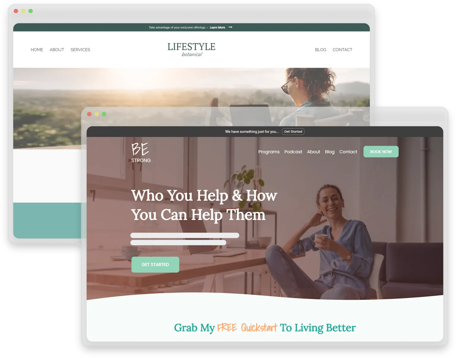 Two Patientbase website templates for lifestyle and wellness with navigation menus, headers, and calls-to-action.