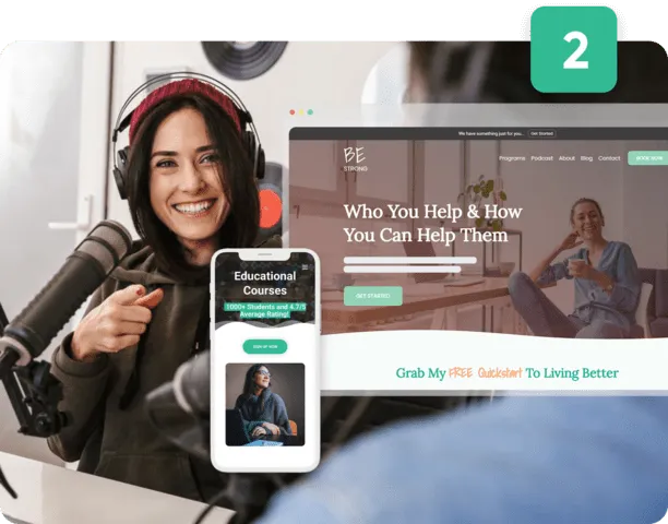 Step 2 of patientbase: Smiling woman with headphones using a microphone, educational courses advertised on a phone and computer screen.