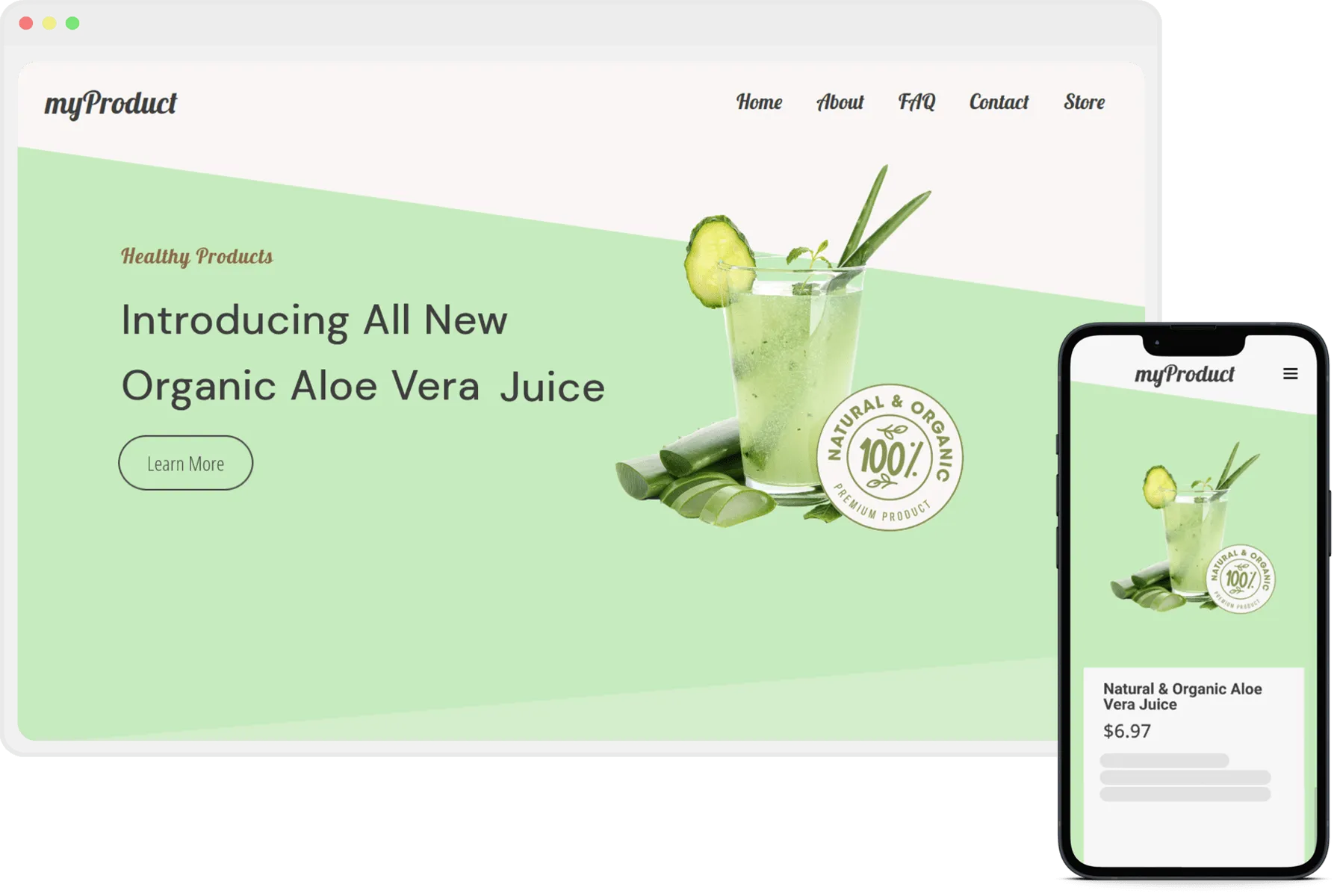 Responsive design of a website featuring organic Aloe Vera juice on both desktop and mobile screens.
